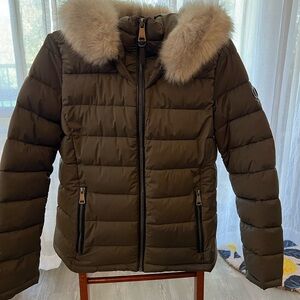 DKNY Women's Brown Puffer Jacket with Fur Trim
